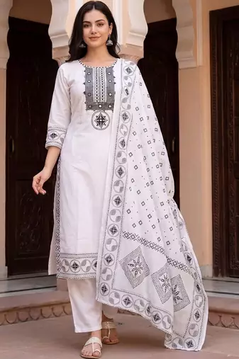 Women Ethnic Motifs Embroidered Regular Mirror Work Pure Cotton Kurta with Trousers & With Dupatta
