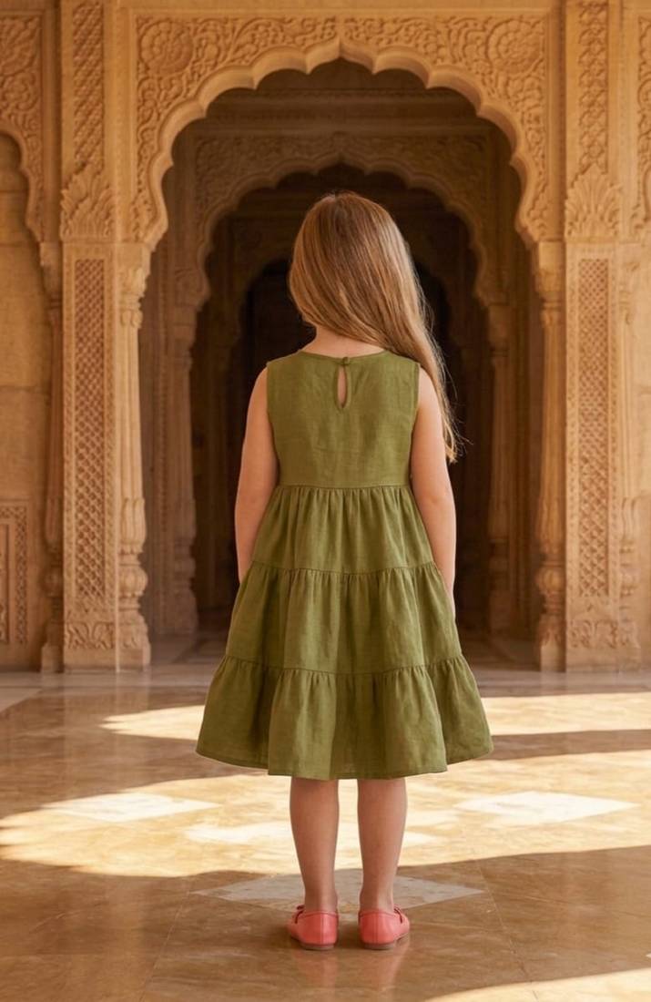 Girls solid green cotton tiered dress – sleeveless knee-length flared frock