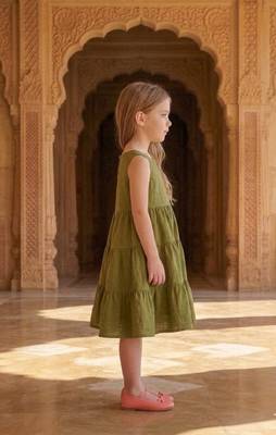 Girls solid green cotton tiered dress – sleeveless knee-length flared frock 3