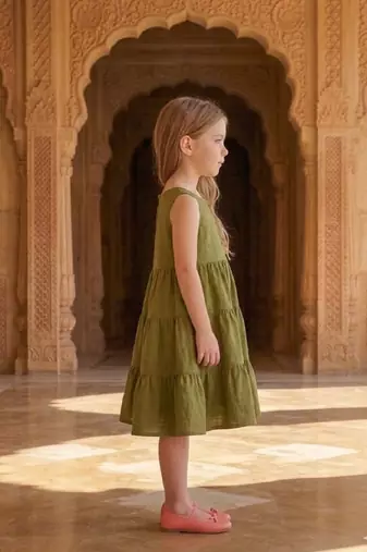 Girls solid green cotton tiered dress – sleeveless knee-length flared frock