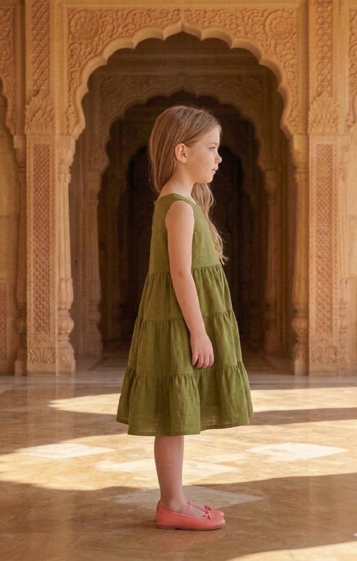 Girls solid green cotton tiered dress – sleeveless knee-length flared frock