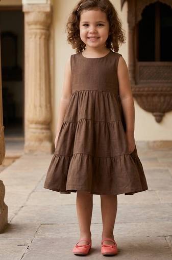 Girls solid brown cotton tiered dress     sleeveless knee-length flared frock