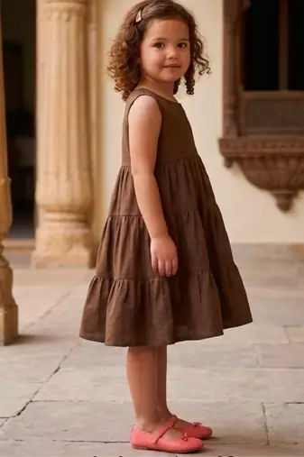 Girls solid brown cotton tiered dress – sleeveless knee-length flared frock