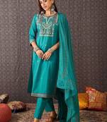 Ethnic Motifs Embroidered Thread Work Cotton Kurta With Trousers & Dupatta