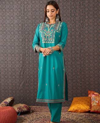 Ethnic Motifs Embroidered Thread Work Cotton Kurta With Trousers & Dupatta 2