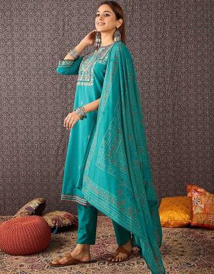 Ethnic Motifs Embroidered Thread Work Cotton Kurta With Trousers & Dupatta 4