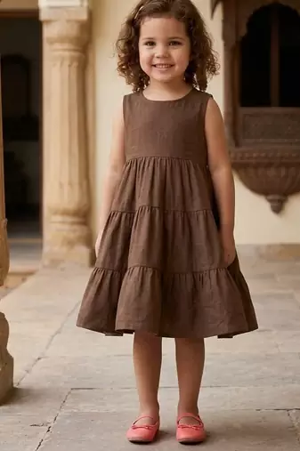 Girls solid brown cotton tiered dress – sleeveless knee-length flared frock