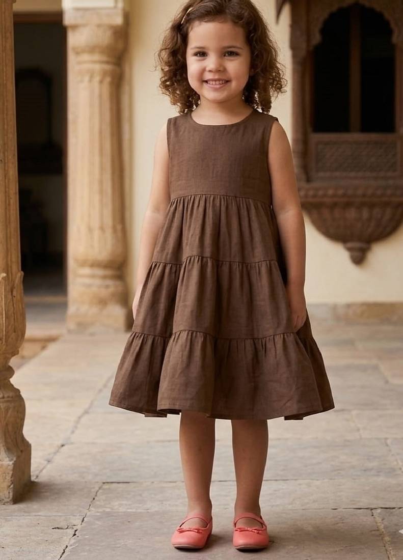 Girls solid brown cotton tiered dress – sleeveless knee-length flared frock