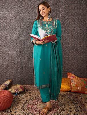 Ethnic Motifs Embroidered Thread Work Cotton Kurta With Trousers & Dupatta 6