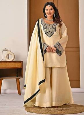 cream chinon silk blend  party wear embroidery sharara suit set stitched 1