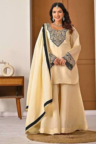 cream chinon silk blend  party wear embroidery sharara suit set stitched