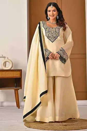 cream chinon silk blend  party wear embroidery sharara suit set stitched