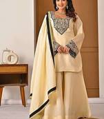 cream chinon silk blend  party wear embroidery sharara suit set stitched