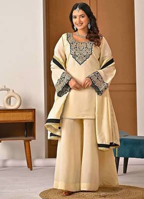 cream chinon silk blend  party wear embroidery sharara suit set stitched 2