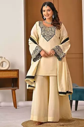 cream chinon silk blend  party wear embroidery sharara suit set stitched