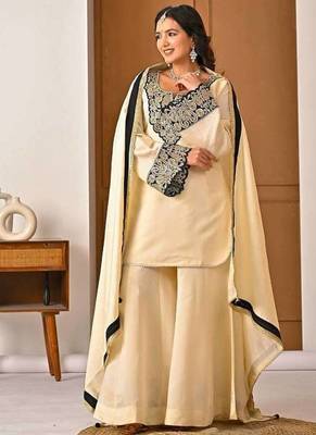 cream chinon silk blend  party wear embroidery sharara suit set stitched 3