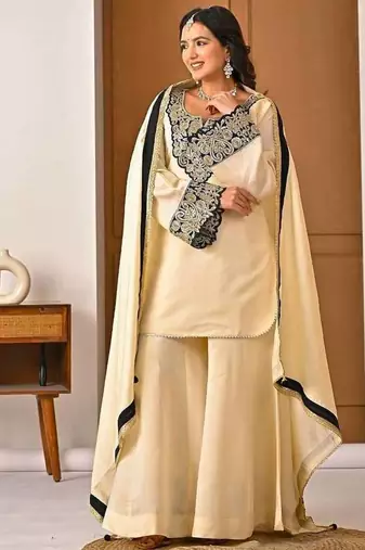 cream chinon silk blend  party wear embroidery sharara suit set stitched