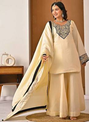 cream chinon silk blend  party wear embroidery sharara suit set stitched 4