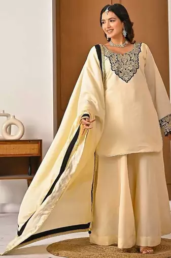 cream chinon silk blend  party wear embroidery sharara suit set stitched