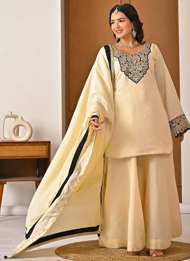 cream chinon silk blend  party wear embroidery sharara suit set stitched