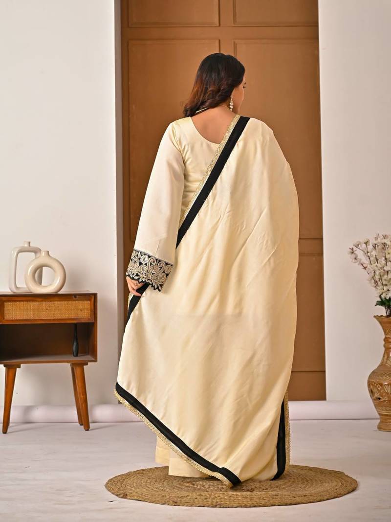 cream chinon silk blend  party wear embroidery sharara suit set stitched
