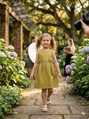 Girls printed cotton linen a-line dress – sleeveless olive gold summer frock with dual front bows 1