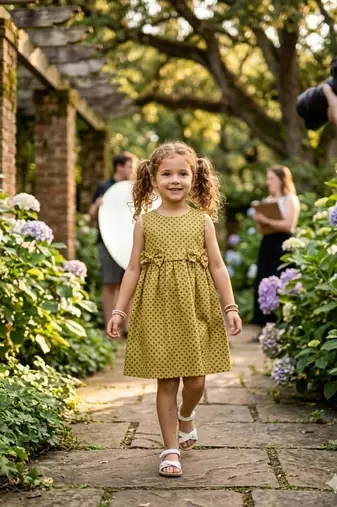 Girls printed cotton linen a-line dress – sleeveless olive gold summer frock with dual front bows