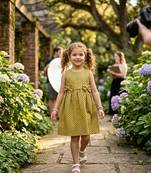 Girls printed cotton linen a-line dress – sleeveless olive gold summer frock with dual front bows