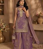Purple fandy silk heavy thread embroidery work kurta palazzo set