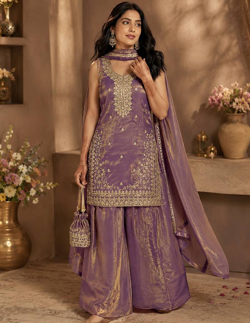 Purple fandy silk heavy thread embroidery work kurta palazzo set
