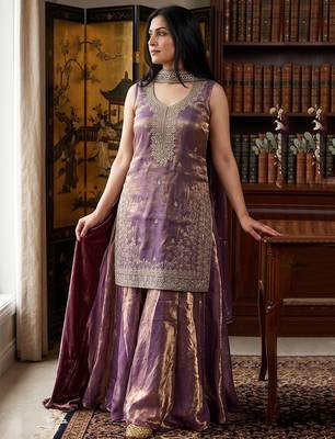 Purple fandy silk heavy thread embroidery work kurta palazzo set 2