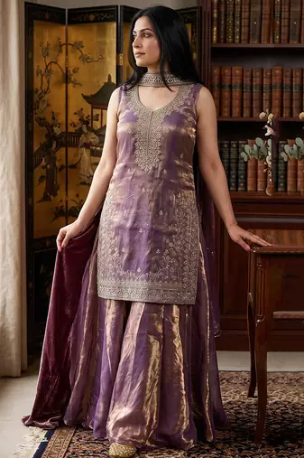 Purple fandy silk heavy thread embroidery work kurta palazzo set
