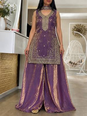 Purple fandy silk heavy thread embroidery work kurta palazzo set 3