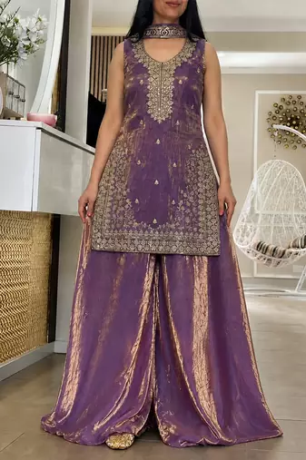 Purple fandy silk heavy thread embroidery work kurta palazzo set