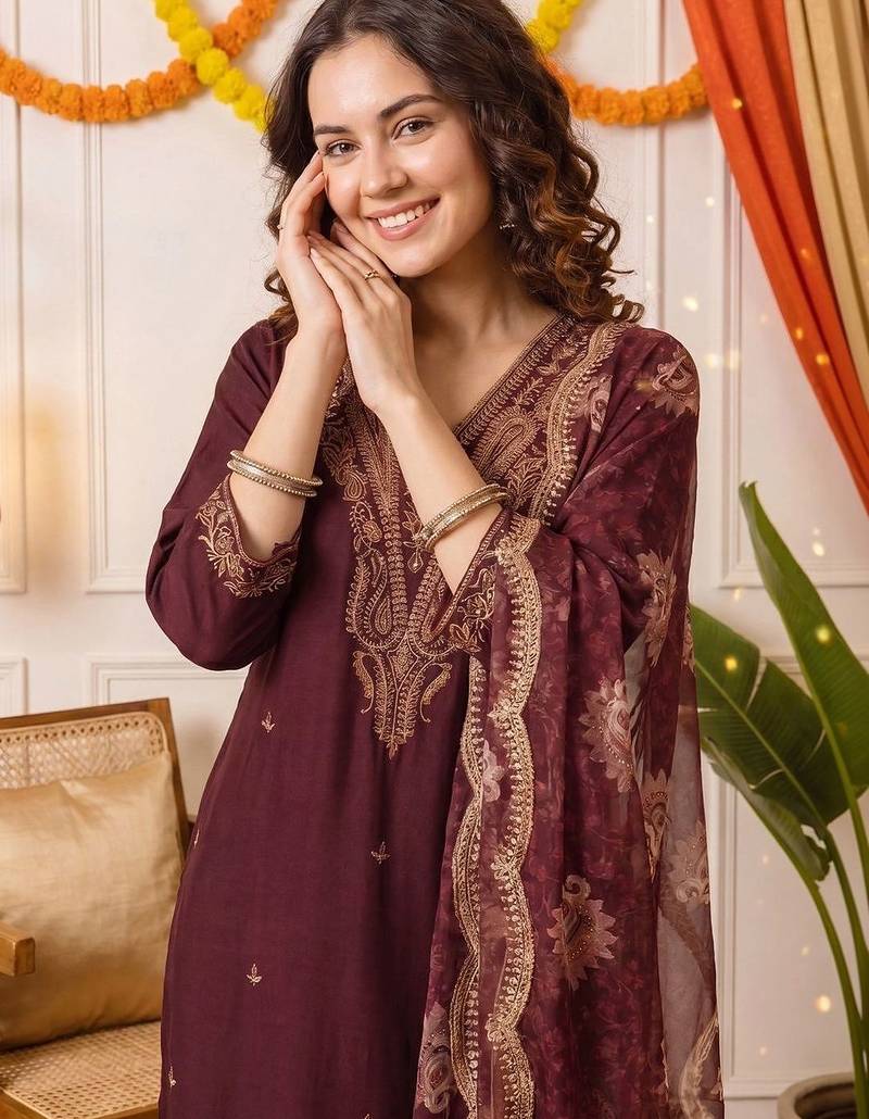 Women Ethnic Motifs Embroidered Thread Work Kurta with Trousers & With Dupatta