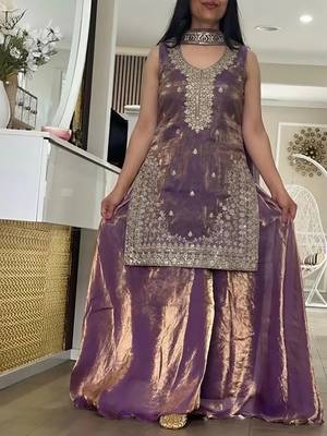 Purple fandy silk heavy thread embroidery work kurta palazzo set 4