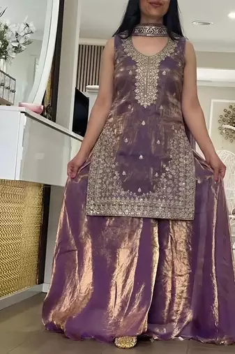 Purple fandy silk heavy thread embroidery work kurta palazzo set