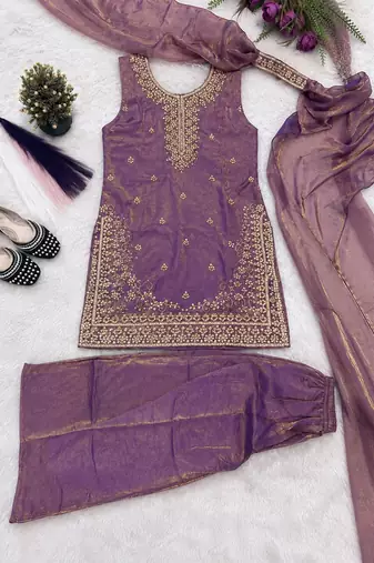 Purple fandy silk heavy thread embroidery work kurta palazzo set