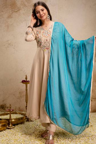 Cream chanderi heavy thread embroidery work kurta pant set