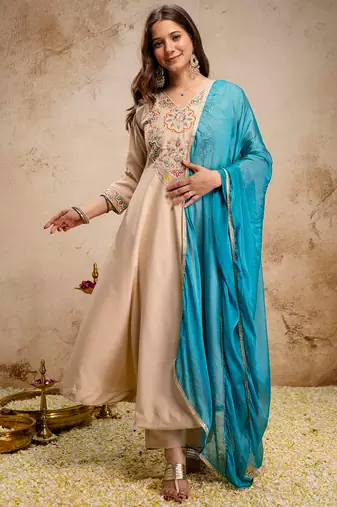 Cream chanderi heavy thread embroidery work kurta pant set