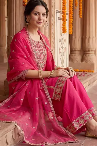Women Ethnic Motifs Embroidered Sequinned Kurta with Palazzos & With Dupatta