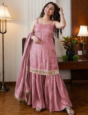 Dusty pink fandy silk heavy thread embroidery work kurta sharara set 5