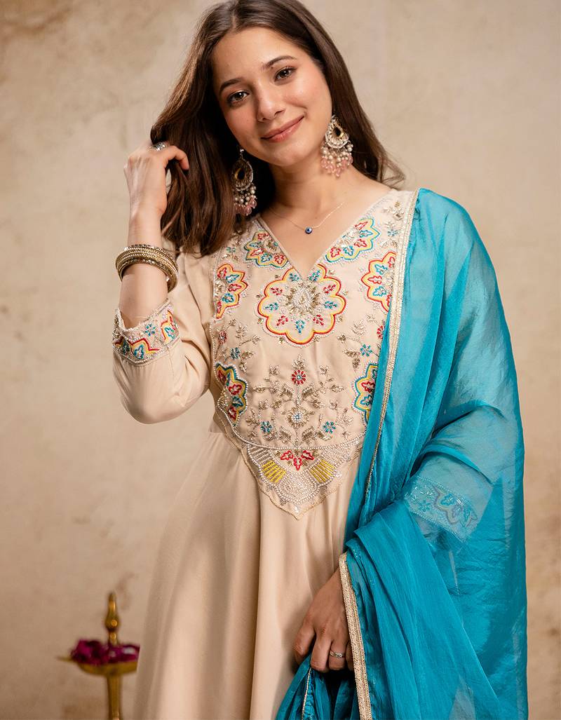Cream chanderi heavy thread embroidery work kurta pant set