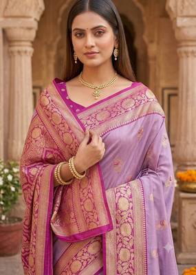 Lavender soft banarasi silk saree with zari weaving meenakari design 4