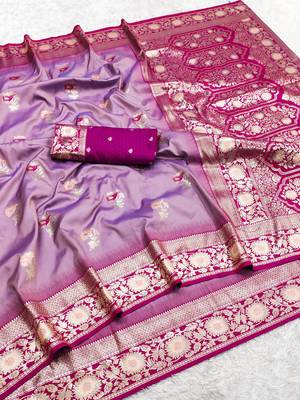 Lavender soft banarasi silk saree with zari weaving meenakari design 5
