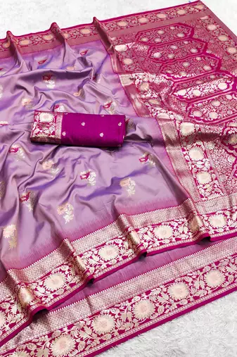 Lavender soft banarasi silk saree with zari weaving meenakari design