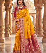 Yellow soft banarasi silk saree with zari weaving meenakari design