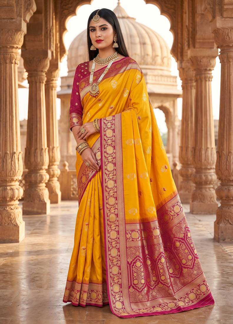 Yellow soft banarasi silk saree with zari weaving meenakari design