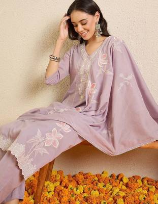Women Floral Embroidered Thread Work Cotton Kurta with Trousers & With Dupatta 1