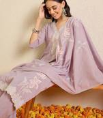 Women Floral Embroidered Thread Work Cotton Kurta with Trousers & With Dupatta